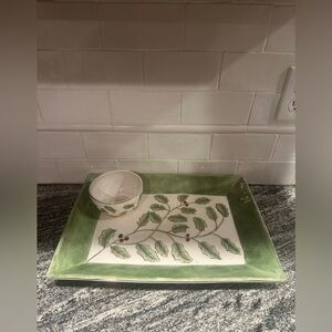 Noritake Holly & Berry Gold Rectangular Chip & Dip Set Vegetable Fruit Tray